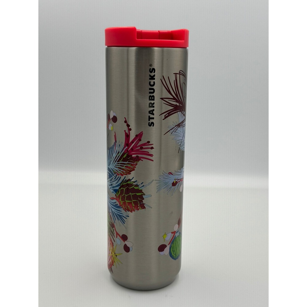 Starbucks Holiday Stainless Steel Tumbler 16oz‎ Slim Travel Mug Red Lid Pinecone